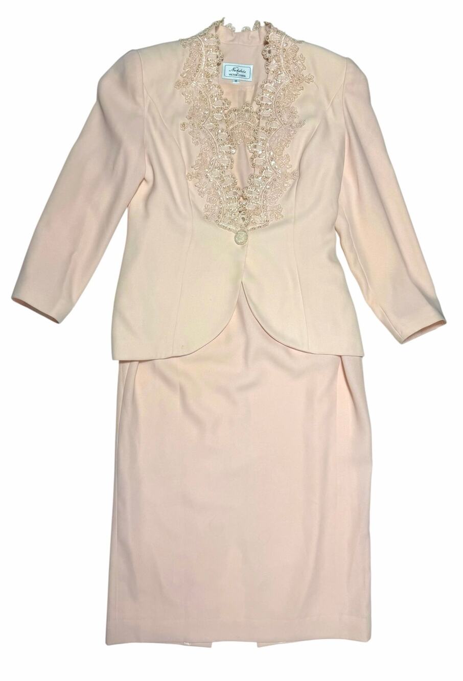 Nahdree by Victor Costa Blush Pink Beaded Lace Formal Dress Matching Jacket Set